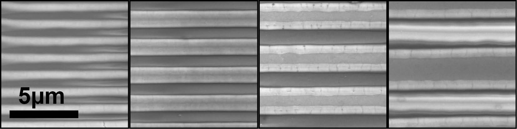 SEM pictures of processed surfaces: By changing the angle of the interfering laser beams, the periodicity of the texture can be adjusted arbitrarily.